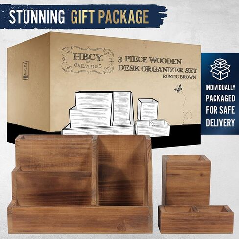 HBCY Creations 3 PIECE Rustic Wooden Desk Organizer Set- Rustic Mail Organizer For Desktop - Great For Rustic or Industrial Home Decor! Rustic Makeup Organizer For Vanity in Saudi Arabia