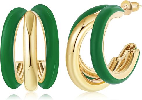 Gold Hoop Earrings for Women, Chunky Triple Hoop Earrings Thick Three Open Hoop Trendy Jewelry Gifts in Kuwait