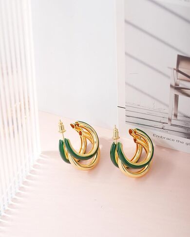 Gold Hoop Earrings for Women, Chunky Triple Hoop Earrings Thick Three Open Hoop Trendy Jewelry Gifts in Kuwait