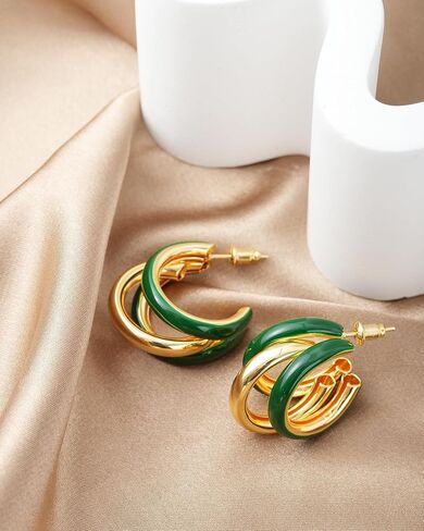 Gold Hoop Earrings for Women, Chunky Triple Hoop Earrings Thick Three Open Hoop Trendy Jewelry Gifts in Kuwait