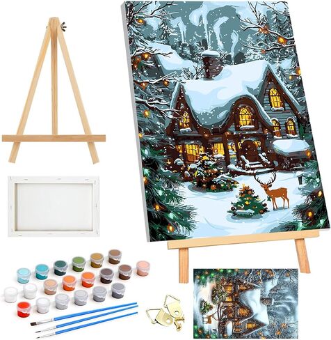 SENQAO Framed Paint by Numbers Kit for Adults Beginners with Wooden Easel, Christmas Easy Paint by Number Kit with Frame, Watercolor Adult Paint by Number Framed Canvas 7.8x11.8in in Saudi Arabia