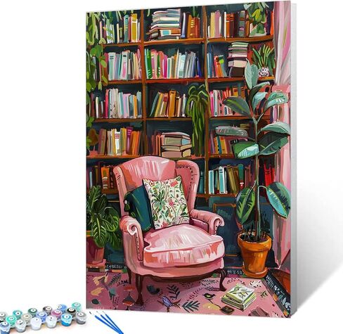 Bookshelf Book Theme Pink Library Paint by Numbers Kits for Adult Vintage Paint by Numbers Boho Painting Kits on Canvas with Brushes and Acrylic Pigment for Home Wall Without Framed 16''W x 20''H in Saudi Arabia