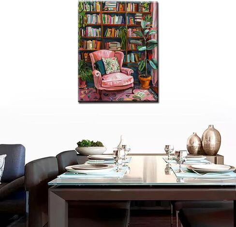 Bookshelf Book Theme Pink Library Paint by Numbers Kits for Adult Vintage Paint by Numbers Boho Painting Kits on Canvas with Brushes and Acrylic Pigment for Home Wall Without Framed 16''W x 20''H in Saudi Arabia