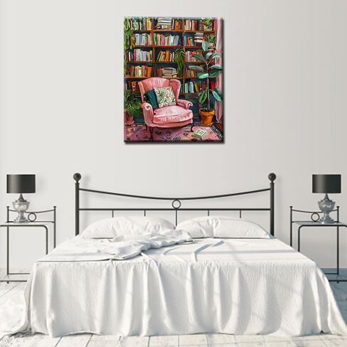 Bookshelf Book Theme Pink Library Paint by Numbers Kits for Adult Vintage Paint by Numbers Boho Painting Kits on Canvas with Brushes and Acrylic Pigment for Home Wall Without Framed 16''W x 20''H in Saudi Arabia
