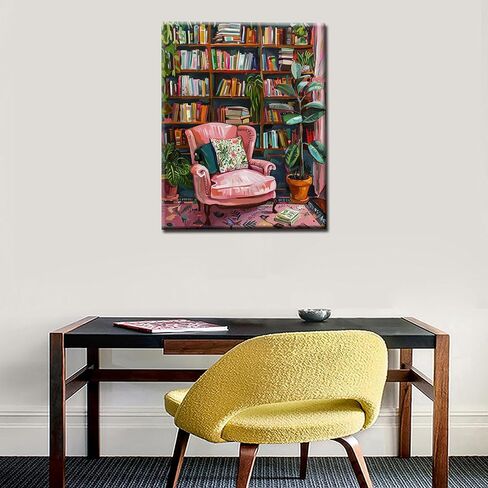 Bookshelf Book Theme Pink Library Paint by Numbers Kits for Adult Vintage Paint by Numbers Boho Painting Kits on Canvas with Brushes and Acrylic Pigment for Home Wall Without Framed 16''W x 20''H in Saudi Arabia