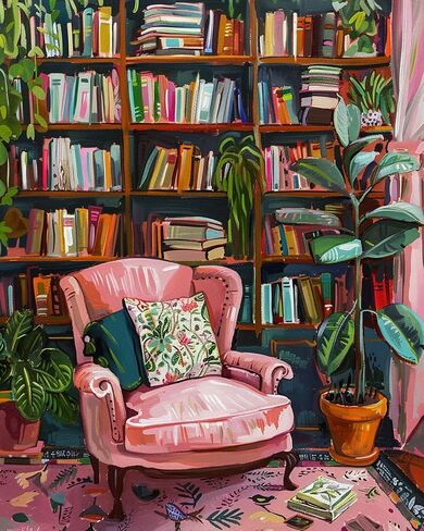 Bookshelf Book Theme Pink Library Paint by Numbers Kits for Adult Vintage Paint by Numbers Boho Painting Kits on Canvas with Brushes and Acrylic Pigment for Home Wall Without Framed 16''W x 20''H in Saudi Arabia