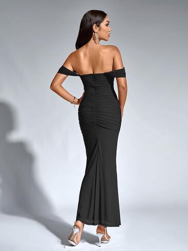 KUTUMAI Off The Shoulder Maxi Long Dress Corset Ruched Bodycon Formal Wedding Guest Dresses for Women in Saudi Arabia