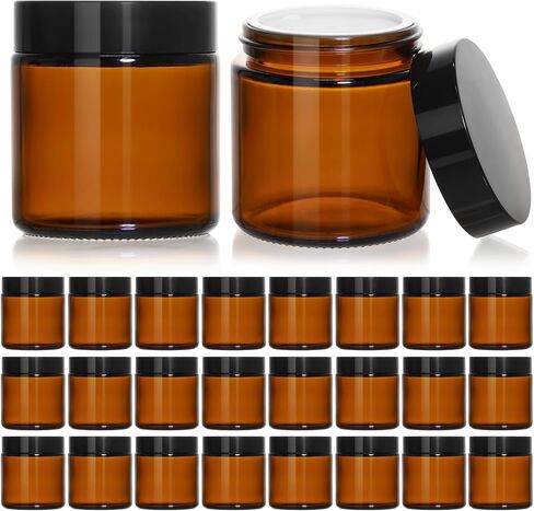 KEYWING 2oz Small Glass Jars, 35 Pack Amber Glass Cosmetic Jars with Black Lids, Round Sample Container with Inner Liners for Cream, Lotions, Powders and Ointments in Saudi Arabia