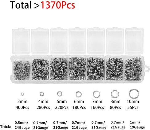 1370pcs Assorted 7 Sizes 3mm-10mm Round Open Jump Ring Split Rings Jewelry Findings Connector for Earring Bracelet Necklace Keychain Accessories (Black) in Kuwait