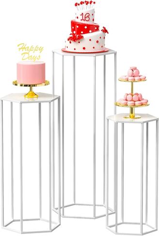 حامل أسطواني بقاعدة سداسية من Wokceer للحفلات مقاس 35.43 بوصة مجموعة من 3 طاولات أسطوانية لعرض التعشيش للحفلات وحفلات الزفاف وغرفة المعيشة وديكور الفناء باللون الأبيض in Kuwait