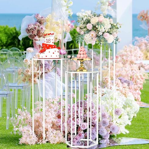 حامل أسطواني بقاعدة سداسية من Wokceer للحفلات مقاس 35.43 بوصة مجموعة من 3 طاولات أسطوانية لعرض التعشيش للحفلات وحفلات الزفاف وغرفة المعيشة وديكور الفناء باللون الأبيض in Kuwait