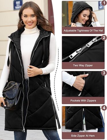 HEEKPEK Womens Long Puffer Vest Sleeveless Hooded Zip Up Puffy Jackets 2024 Quilted Winter Coats with Pockets Warm Outerwear in Saudi Arabia