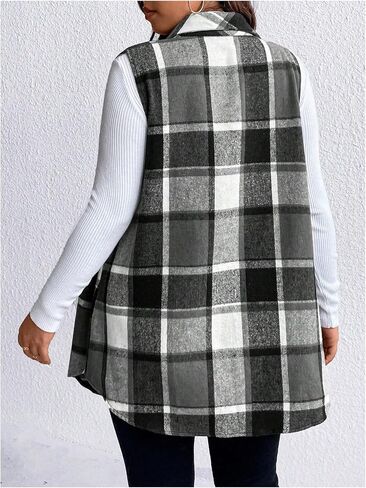 MakeMeChic Women's Plus Size Outwear Vest Top Plaid Tweed Jacket Button Down Shirt in Saudi Arabia