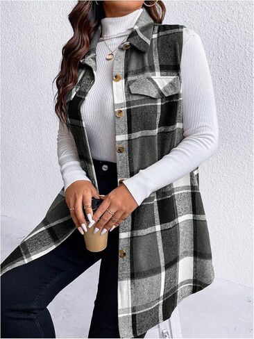 MakeMeChic Women's Plus Size Outwear Vest Top Plaid Tweed Jacket Button Down Shirt in Saudi Arabia