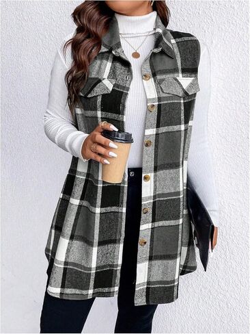 MakeMeChic Women's Plus Size Outwear Vest Top Plaid Tweed Jacket Button Down Shirt in Saudi Arabia