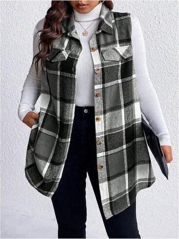 MakeMeChic Women's Plus Size Outwear Vest Top Plaid Tweed Jacket Button Down Shirt in Saudi Arabia