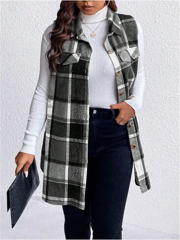 MakeMeChic Women's Plus Size Outwear Vest Top Plaid Tweed Jacket Button Down Shirt in Saudi Arabia