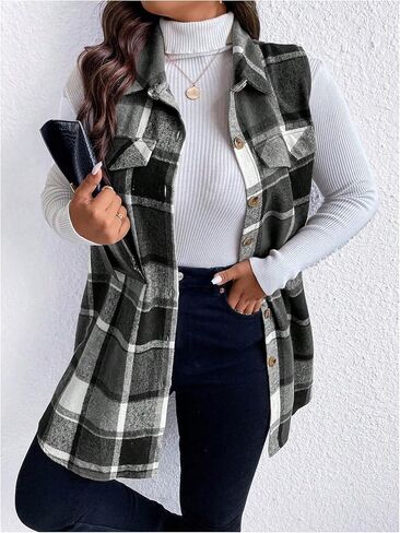 MakeMeChic Women's Plus Size Outwear Vest Top Plaid Tweed Jacket Button Down Shirt in Saudi Arabia