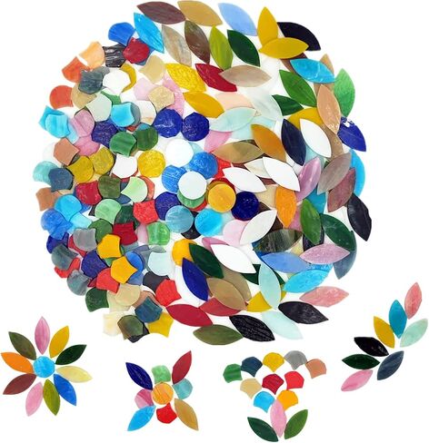 Mixed Color Petal Mosaic Tiles 400g/14oz, Stained Flower Leaves Glass Tiles Scalloped Mosaic Glass Pieces with Round Glass Pieces for Crafts in Kuwait