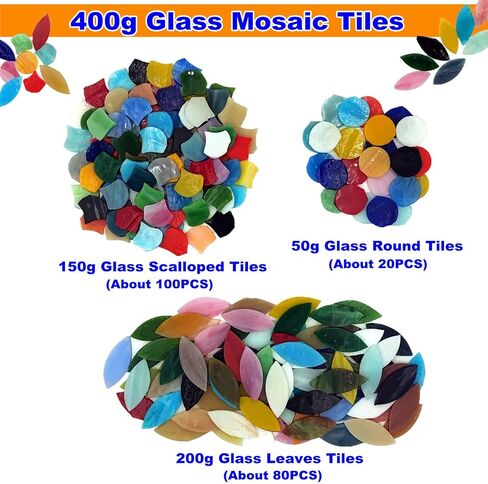 Mixed Color Petal Mosaic Tiles 400g/14oz, Stained Flower Leaves Glass Tiles Scalloped Mosaic Glass Pieces with Round Glass Pieces for Crafts in Kuwait