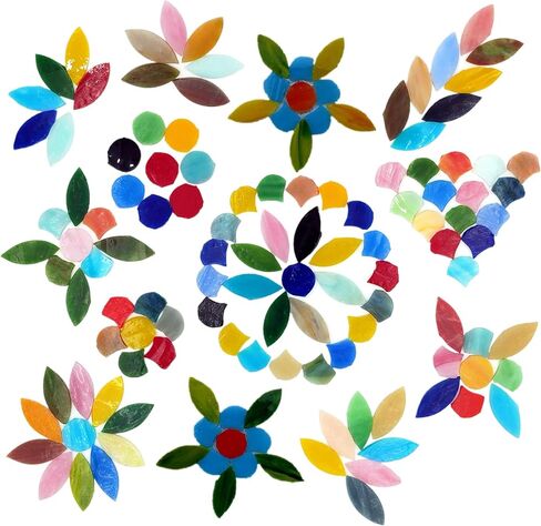 Mixed Color Petal Mosaic Tiles 400g/14oz, Stained Flower Leaves Glass Tiles Scalloped Mosaic Glass Pieces with Round Glass Pieces for Crafts in Kuwait