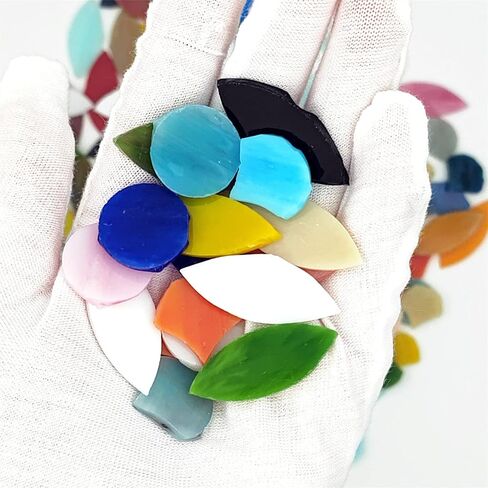 Mixed Color Petal Mosaic Tiles 400g/14oz, Stained Flower Leaves Glass Tiles Scalloped Mosaic Glass Pieces with Round Glass Pieces for Crafts in Kuwait