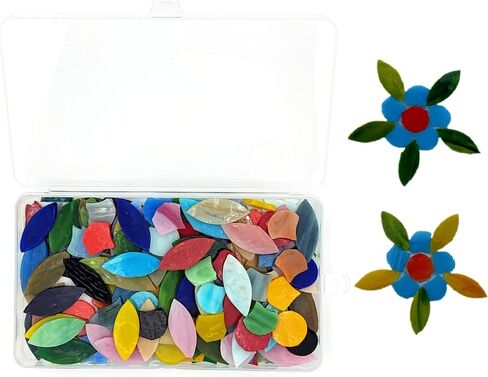 Mixed Color Petal Mosaic Tiles 400g/14oz, Stained Flower Leaves Glass Tiles Scalloped Mosaic Glass Pieces with Round Glass Pieces for Crafts in Kuwait