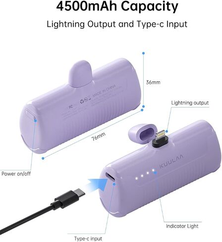 Kuulaa Portable Charger iPhone 4500mAh Mini Power Bank,Cute Battery Pack Backup Charger Travel Compatible with iPhone 14/13/12/11/XS/XR/Airpods (Purple) in Kuwait