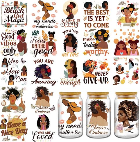 AFRITEE Transfer Cup Wrap Stickers - 20 Sheets Black Girls UV DTF Cup Wraps for 16 20 40 oz Glass, Black Girl Stickers Women Inspirational Aesthetic Uvdtf Transfer Stickers for Coffee Cups Mugs in Kuwait