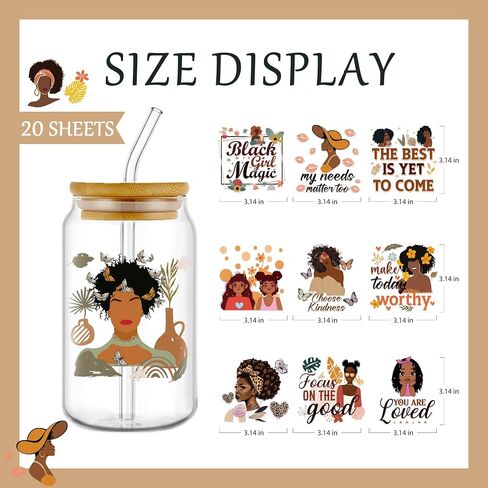 AFRITEE Transfer Cup Wrap Stickers - 20 Sheets Black Girls UV DTF Cup Wraps for 16 20 40 oz Glass, Black Girl Stickers Women Inspirational Aesthetic Uvdtf Transfer Stickers for Coffee Cups Mugs in Kuwait