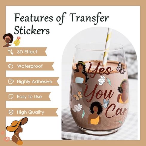 AFRITEE Transfer Cup Wrap Stickers - 20 Sheets Black Girls UV DTF Cup Wraps for 16 20 40 oz Glass, Black Girl Stickers Women Inspirational Aesthetic Uvdtf Transfer Stickers for Coffee Cups Mugs in Kuwait