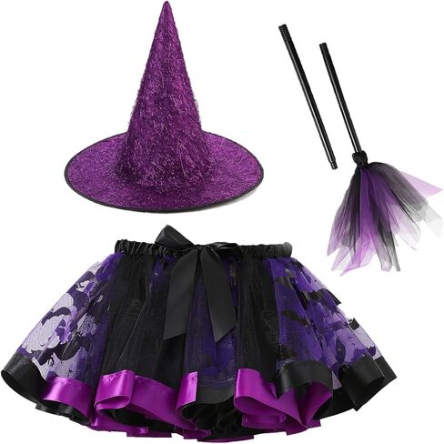 Happy Cherry Toddler Girls Witch Tutu Skirt Set with Hat & Broomstick 3 Pcs Dress Up Halloween Outfits 3-8Y in Kuwait