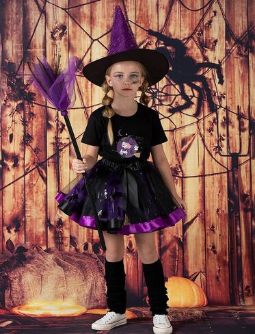 Happy Cherry Toddler Girls Witch Tutu Skirt Set with Hat & Broomstick 3 Pcs Dress Up Halloween Outfits 3-8Y in Kuwait
