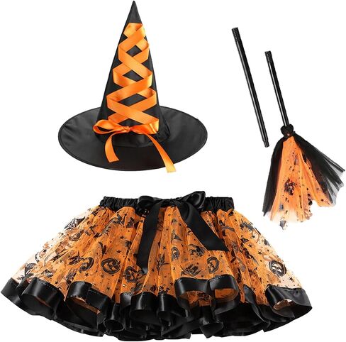 Happy Cherry Toddler Girls Witch Tutu Skirt Set with Hat & Broomstick 3 Pcs Dress Up Halloween Outfits 3-8Y in Kuwait