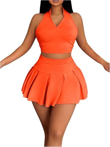 SOLY HUX Women's Summer 2 Piece Outfits Half Zip Crop Tank Tops and Mini Pleated Skirt Set in Saudi Arabia