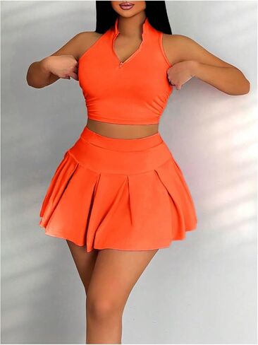 SOLY HUX Women's Summer 2 Piece Outfits Half Zip Crop Tank Tops and Mini Pleated Skirt Set in Saudi Arabia