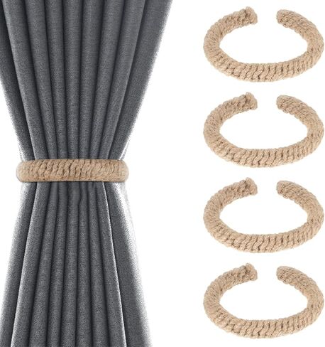 4 Pcs Braided Curtain Tiebacks for Drapes, Jute Curtain Holdback Rustic Curtain Holdbacks Handmade Curtain Ties Drapery Curtain Ring Clips Drapes Decoration Supplies for Home Office in Saudi Arabia