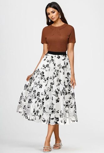 Skirts for Women Midi Long Length Dressy Casual Trendy Summer Tulle A-Line Floral High Waist Skirt in Saudi Arabia