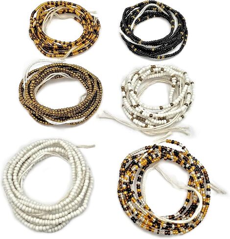 African Style Waist Beads Set, 6 Pack, Non-Elastic String, Tie On Belly Accessories for Women, Handmade African Jewelry in Saudi Arabia