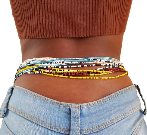 African Style Waist Beads Set, 6 Pack, Non-Elastic String, Tie On Belly Accessories for Women, Handmade African Jewelry in Saudi Arabia