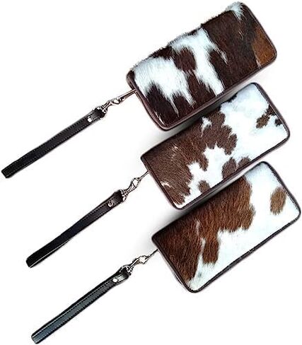 Womens Zipper Wristlet Cowhide Clutch Real Leather Hair on Wallet Western Purse, Handbag Organizer for women (Tricolor) in Saudi Arabia