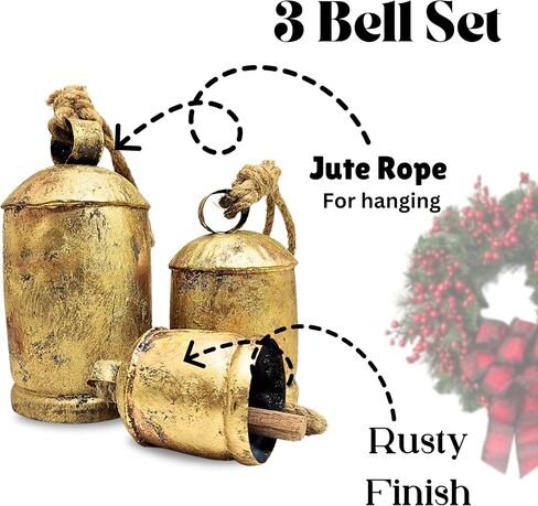Set of 3 Harmony Chic Cow Bells Huge Rustic Christmas Vintage Handmade Hanging Lucky Bells On Rope (Country Rustic, Large) in Saudi Arabia