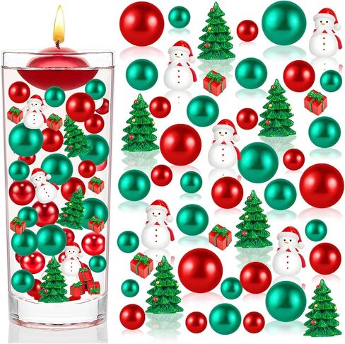 120 قطعة من حشو مزهرية عيد الميلاد، شجرة عيد الميلاد صغيرة من الراتنج ورجل ثلج لقطع مركزية للمزهرية، خرز من اللؤلؤ الصناعي العائم باللون الأخضر والأحمر لتزيين طاولة المنزل in Kuwait