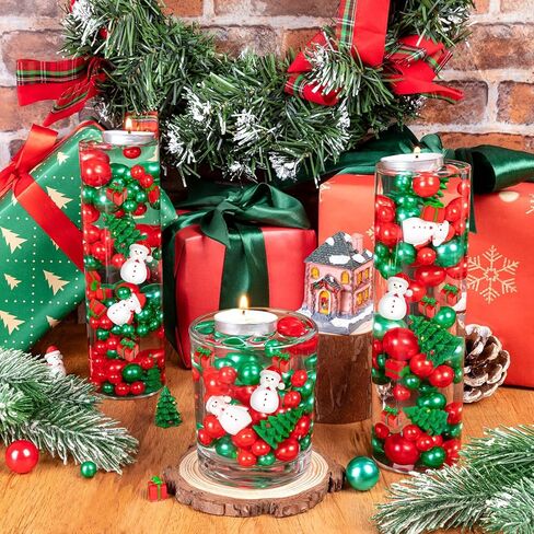 120 قطعة من حشو مزهرية عيد الميلاد، شجرة عيد الميلاد صغيرة من الراتنج ورجل ثلج لقطع مركزية للمزهرية، خرز من اللؤلؤ الصناعي العائم باللون الأخضر والأحمر لتزيين طاولة المنزل in Kuwait