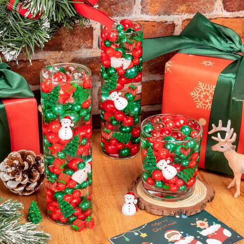 120 قطعة من حشو مزهرية عيد الميلاد، شجرة عيد الميلاد صغيرة من الراتنج ورجل ثلج لقطع مركزية للمزهرية، خرز من اللؤلؤ الصناعي العائم باللون الأخضر والأحمر لتزيين طاولة المنزل in Kuwait