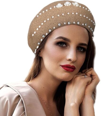 Wooee Pearl French Beret Hat قبعة نايلون كاكي كلاسيكية بلون سادة قبعة شتوية دافئة للنساء والفتيات والسيدات in Kuwait