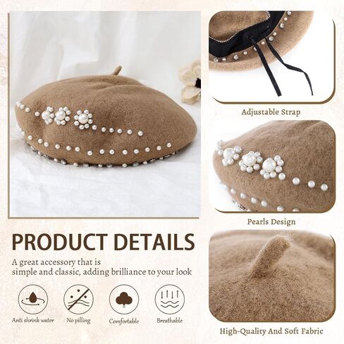 Wooee Pearl French Beret Hat قبعة نايلون كاكي كلاسيكية بلون سادة قبعة شتوية دافئة للنساء والفتيات والسيدات in Kuwait