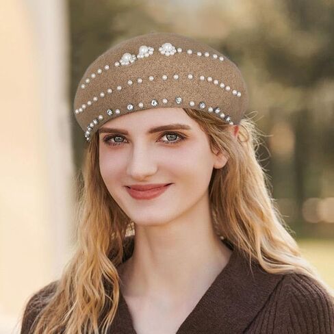Wooee Pearl French Beret Hat قبعة نايلون كاكي كلاسيكية بلون سادة قبعة شتوية دافئة للنساء والفتيات والسيدات in Kuwait