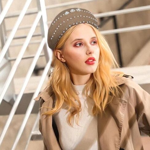 Wooee Pearl French Beret Hat قبعة نايلون كاكي كلاسيكية بلون سادة قبعة شتوية دافئة للنساء والفتيات والسيدات in Kuwait