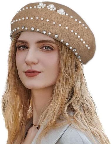Wooee Pearl French Beret Hat قبعة نايلون كاكي كلاسيكية بلون سادة قبعة شتوية دافئة للنساء والفتيات والسيدات in Kuwait